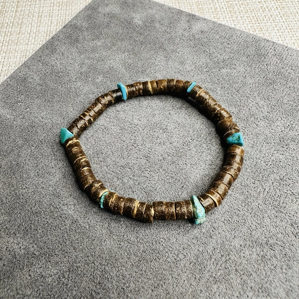 Boho Armband Türkis Braun Ethno Perlen Unisex Natur Schmuck Handgemacht - Bild 2 von 4