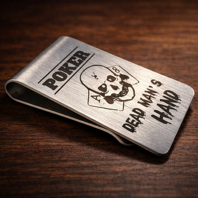 Geldklammer, Geldclip, Moneyclip aus gebürstetem Edelstahl. POKER DEAD MANS HAND