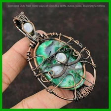 Natural Green Dendrite Opal Rainbow Moonstone Copper Wire Wrap Pendant Jewelry