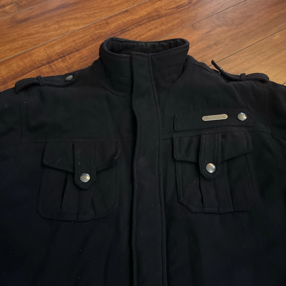 Abrigo vintage Phat Farm Classics negro mezcla de lana cremallera logotipo a presión para hombre L usado en excelente estado Foto 3 de 4