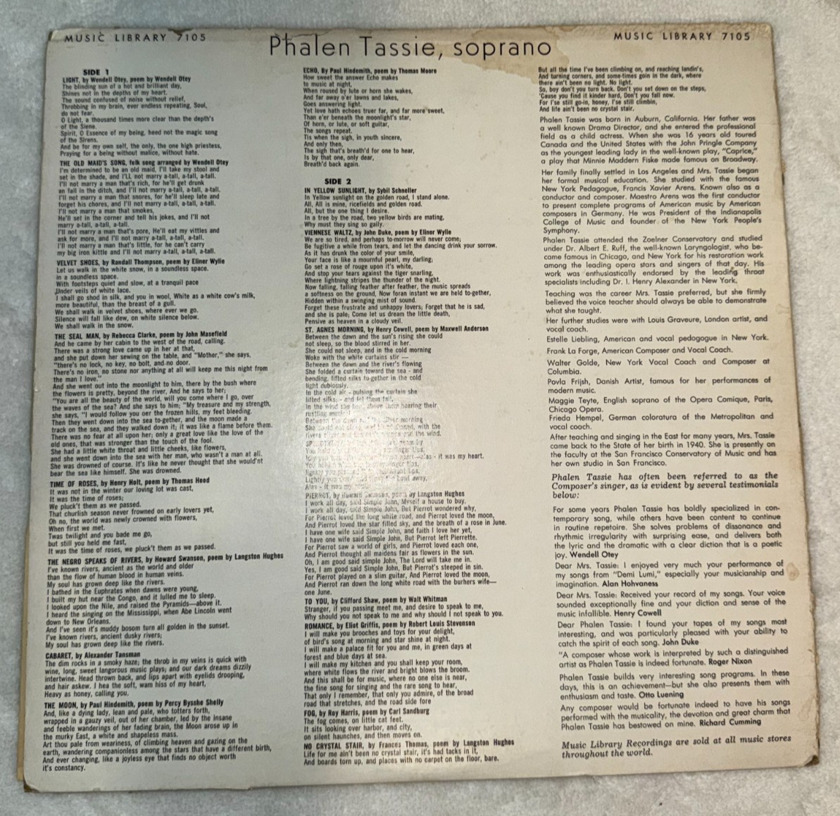 1965 PHALEN TASSIE Soprano Sings Music Library 7105 Lero Miller LP Vinyl Vintage