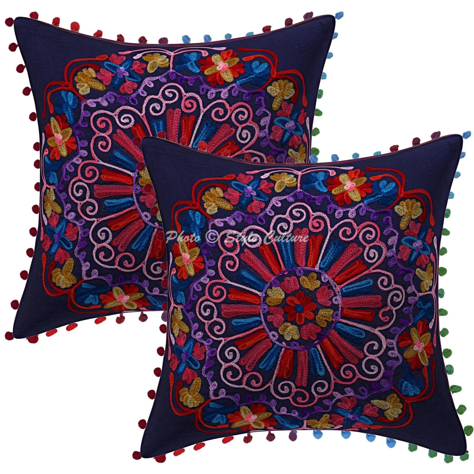 Decorative Suzani Embroidered Throw Pillow Covers Cotton Pom Pom Home Decor