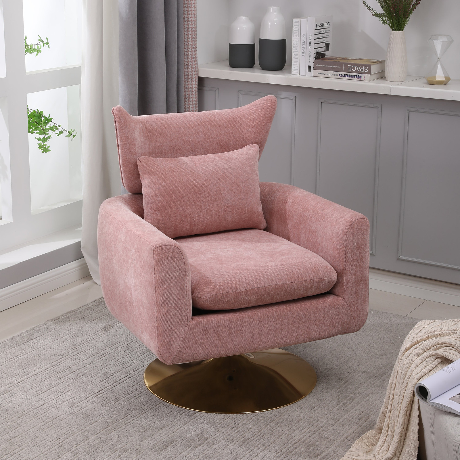 Mid-century pink linen swivel accent chair with 360-degree rotation