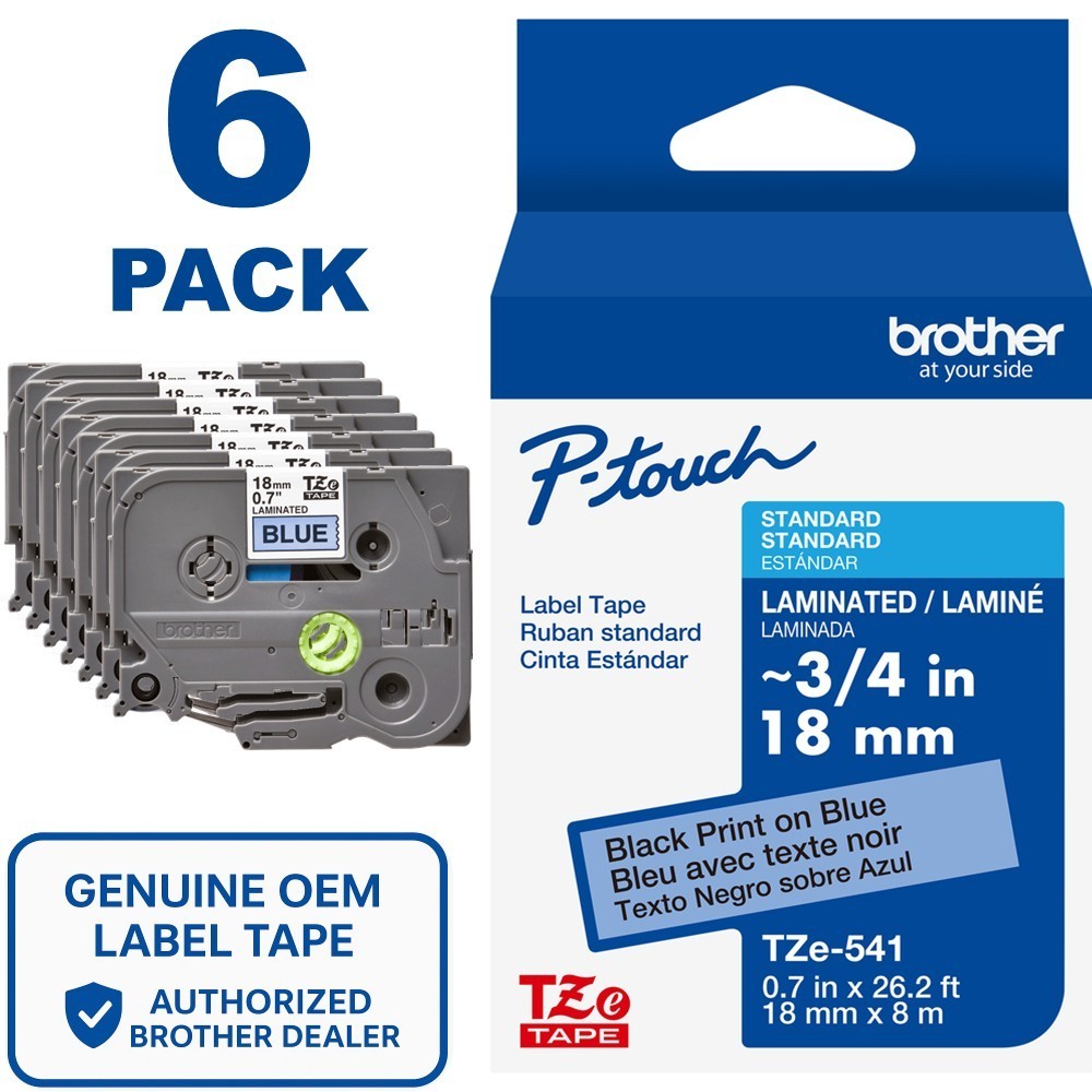 Genuine Brother TZe-541 Black on Blue 18mm 3/4" P-Touch Label Tape (6-PACK)
