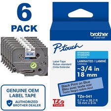 Genuine Brother TZe-541 Black on Blue 18mm 3/4" P-Touch Label Tape (6-PACK)
