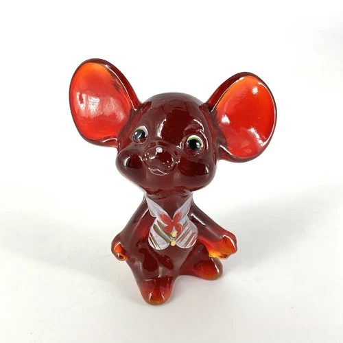 Fenton Glass Mouse Figurine Ruby Red Hand Painted Signed D. Wright