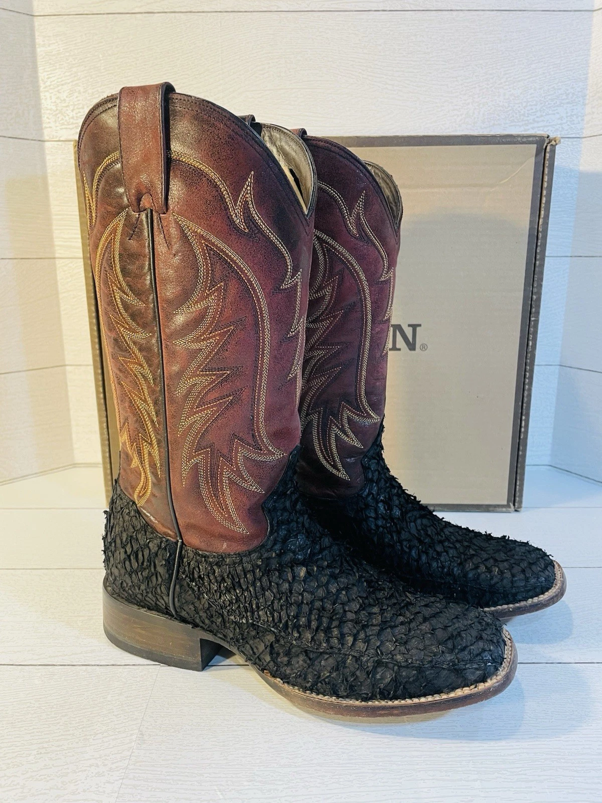 Stetson Mens Size 9D Square Toe Marsala Read Leather Black Fish Scale Boots