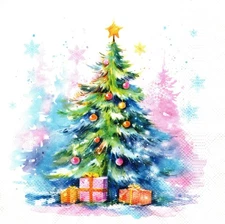 (2) Two Paper Lunch Napkins for Decoupage/Mixed Media Watercolour Christmas Tree