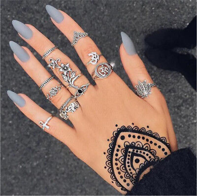 PAPPET Opal Knuckle Ring 11Pcs/Set Bohemian Antique Gold Silver Opals Rose Flower Ring Set for Women Vintage Carved Stackable Midi Finger Rings Set Jewelry Gifts 
