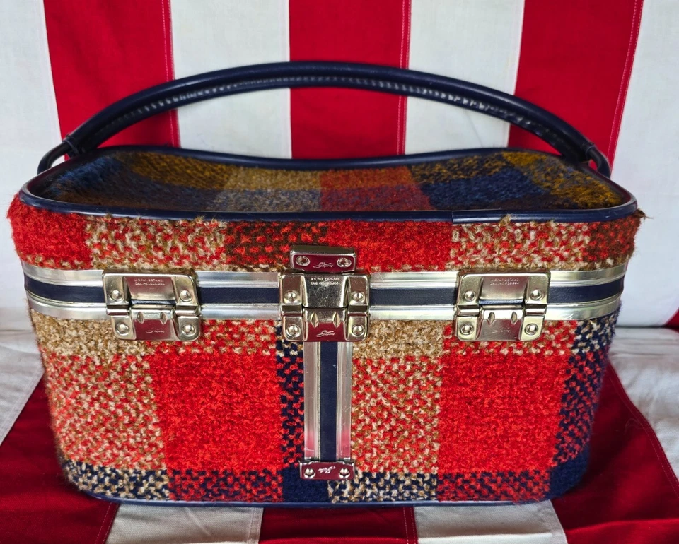 复古 Skyway 携带火车箱化妆旅行袋随身携带格子羊毛 — 第 2/4 张图片