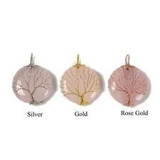 Rose Quartz Tree Pendant Silver Rose Gold Wire Wrap Round 35mm Sold per Piece