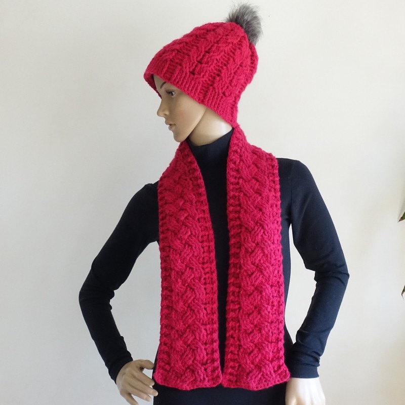 Handmade Crochet Adult Slouchy Beanie Hat & Scarf  Set Fireberry Acrylic