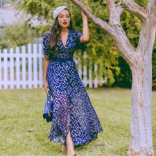 Hutch Gemma Maxi Wrap Dress Navy with Metallic Gold XS