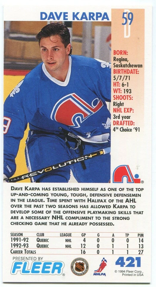 1993-94 Fleer PowerPlay #421 Dave Karpa Quebec Nordiques - Image 2 of 2