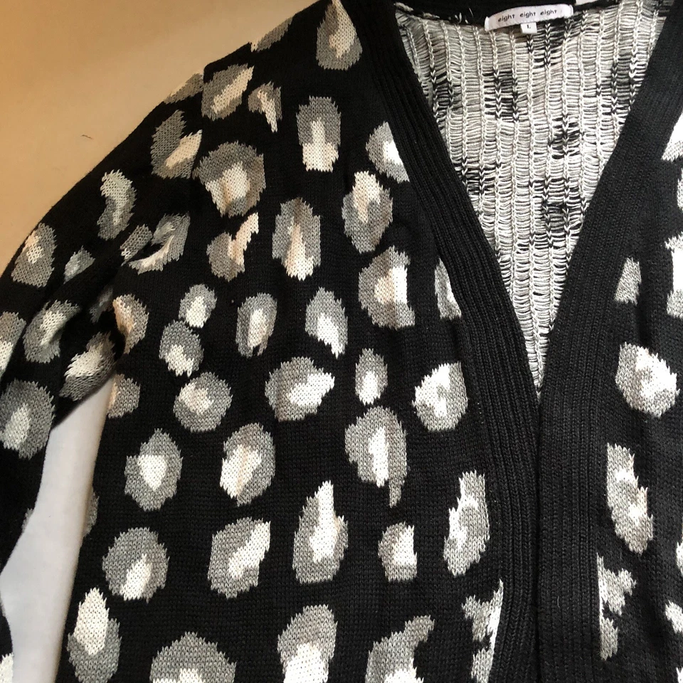Eight Eight Eight Black Gray Leopard Open Front Cardigan Sweater Sz L A1079 - Image 2 of 4
