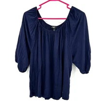 Talbots Size Medium Petite Blouse Blue Off The Shoulder Ruched Cottagecore