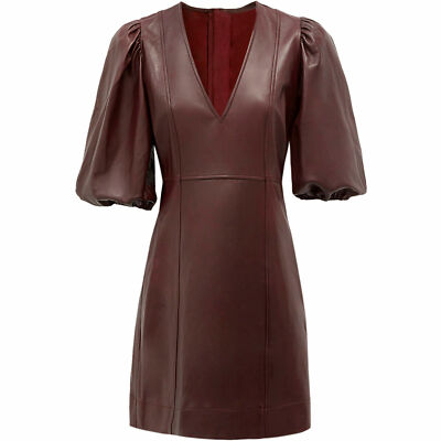 Leather Dress Womens Burgundy Balloon sleeve mini Dress 100% Pure Leather -  021 | eBay