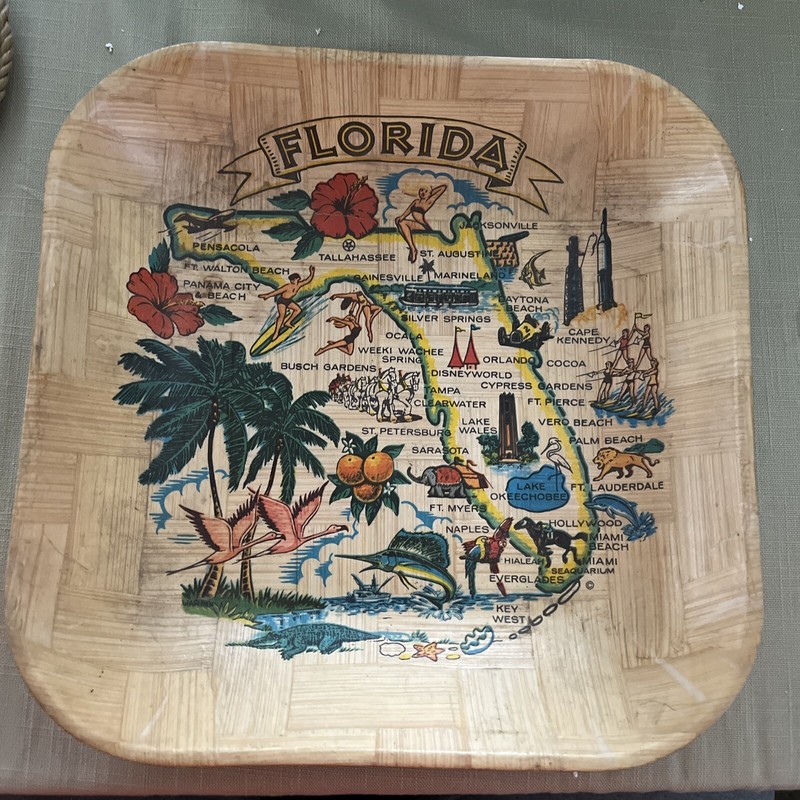Vintage Carrib Novelty Inc. Florida Souvenir Map Attractions Serving Tray Bamboo