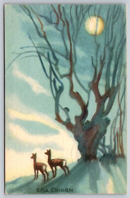 Postcard Art Sweden Two Deer in Winter under Tree with Moon by Elsa Elman 21M