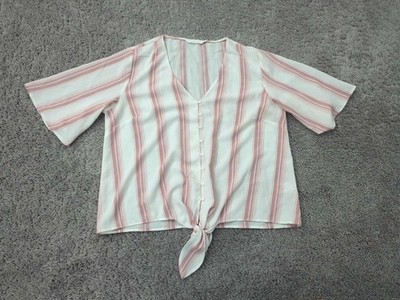 Lush Tie Front Blouse Womens M Cream-Mauve Vertical Stripes V-Neck FlutterSleeve