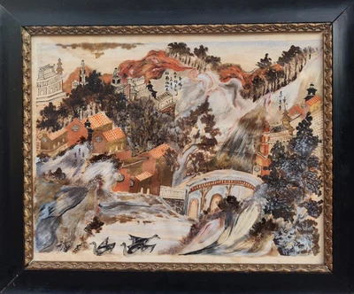 GRANDE & BELLE AQUARELLE CHINOISE 1920 - VASTE PAYSAGE EN MOUVEMENT AVEC POÈMES - Photo 1/4