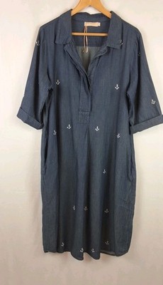 La Cera Denim Dress with Embroidery Anchors Size Large Color-Blue W/pockets 