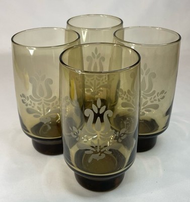 Set Of 4 Vintage Pfaltzgraff VILLAGE 14oz Etched Smoky Brown Tumblers