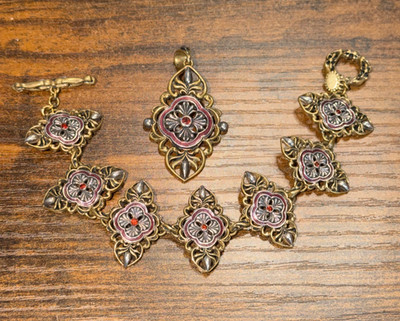 VTG ESBE Sara Blaine Handmade 925 &Brass Red Carpet Bracelet & Pendant, Ex Cond.