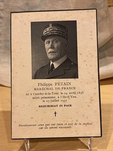 RARE FRANCE VICHY FIELD MARSHALL PETAIN DEATH HOLY CARD 1951,LOOK