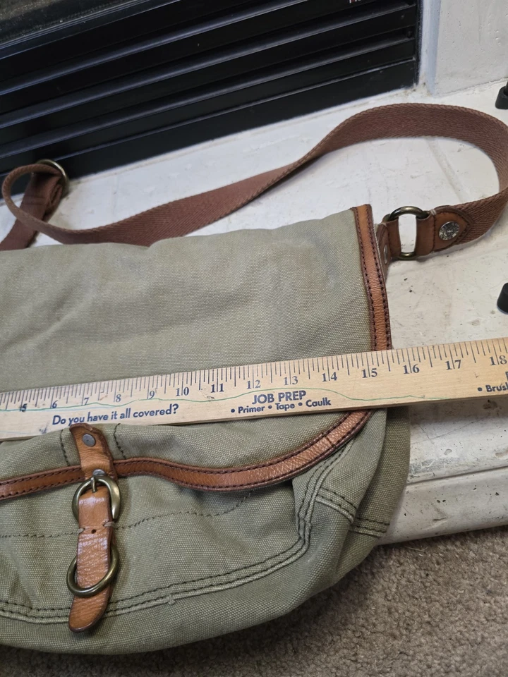 LUCKY BRAND Jeans Lona Cuero Borde Grande Mensajero Cartera Bolso Verde Ejército Foto 3 de 4
