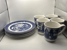 Churchill of England Blue Willow 5 Salad Dessert Plates And 5 Mugs Cups