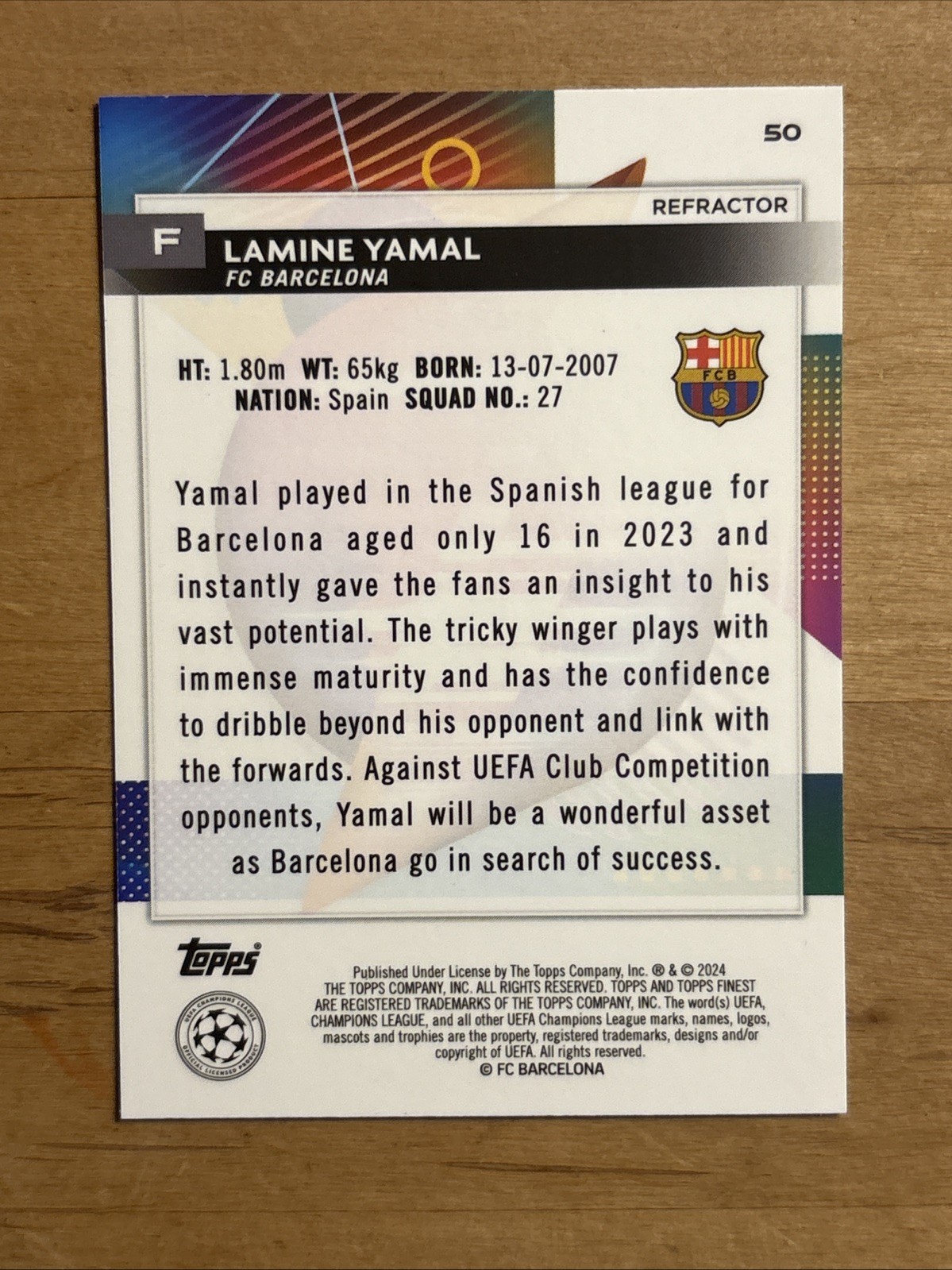 2023-24 Topps Finest Lamine Yamal #50 Silver Refractor Rookie RC FC Barcelona view 2