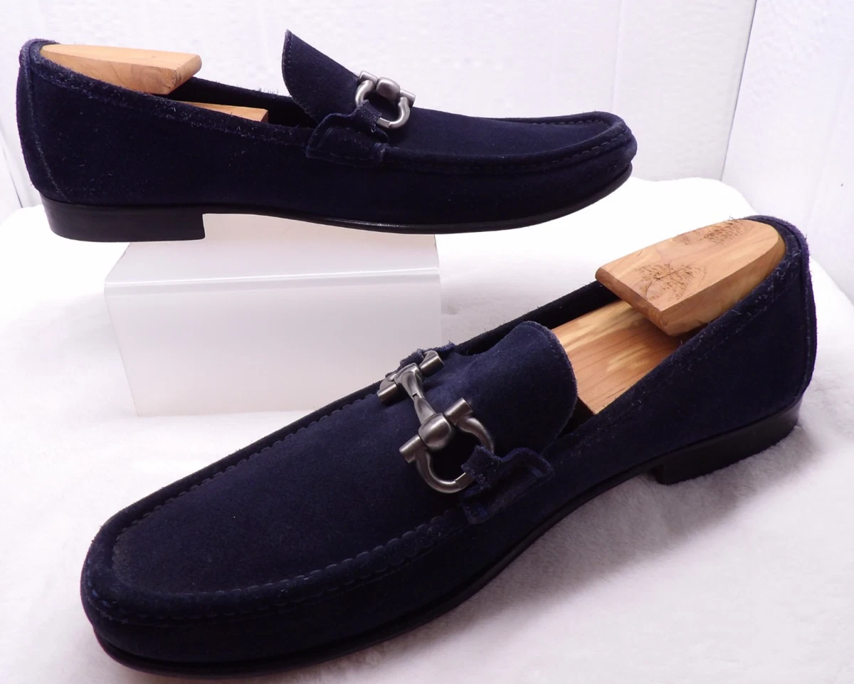 SALVATORE FERRAGAMO Gancini Loafer Shoes Leather Suede Navy Blue