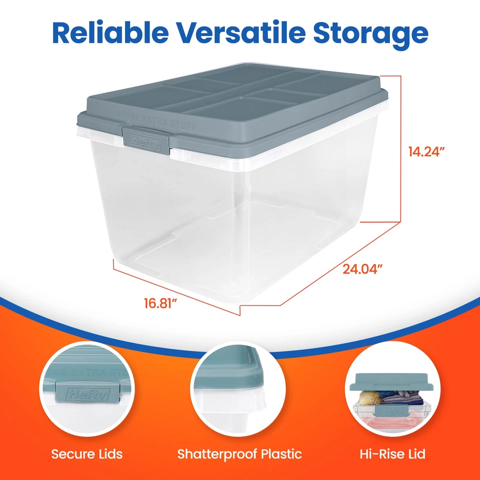 Hefty 72 Qt Hi-Rise Plastic Storage Bin with Lid, 6 Pack, Smoke Blue (Open Box) - Image 3 of 4