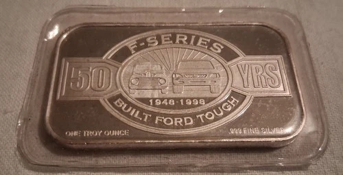 ONE TROY OUNCE .999 FINE SILVER BAR-FORD F SERIES TRUCKS 50 YRS 1948-1998-SEALED