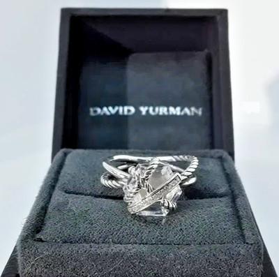 Gebrauchter David Yurman weißer Kristall Zopfmuster Wickelring 6,5