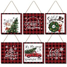 6 Pcs Hanging Wooden Sign Wall Decor Buffalo Plaid Decor Truck Christmas