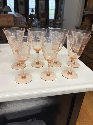 pink depression glass Floral Etched Optic Set Of 7  Wine Goblets 6 1/2 In