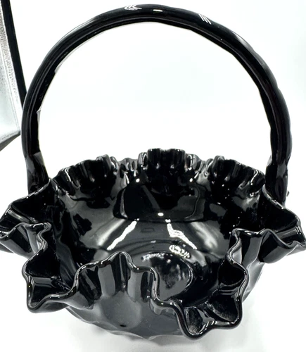 Vintage Fenton Glass Basket Thumbprint Black 8" Tall