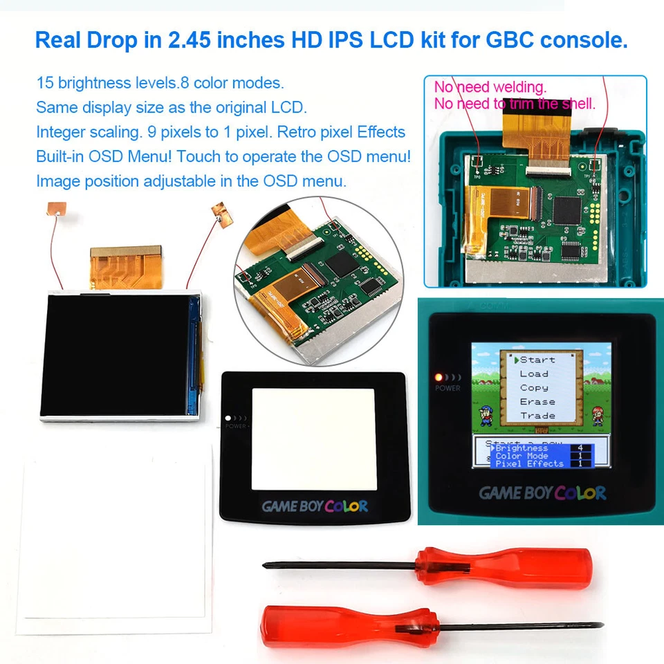 2.45 Inch Same Size Real Drop in IPS LCD Kit+Shell For Game Boy Color FRM ON OFF - Image 4 of 4