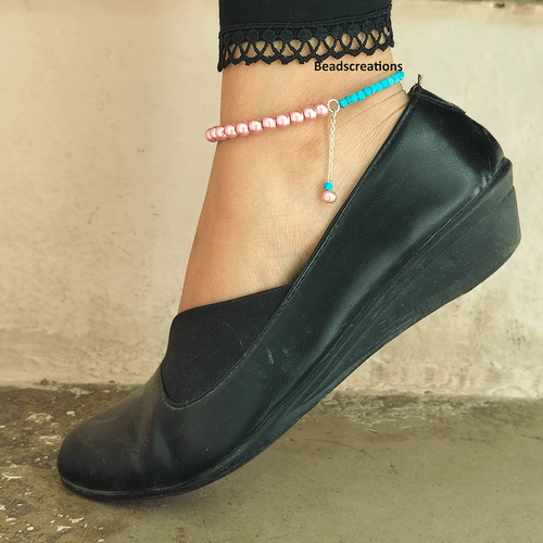 Smooth Dark Pink Pearl and Faceted Turquoise Gemstone Beads Anklet Gift Her - Picture 1 of 4