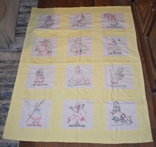 Vintage 70's Baby Quilt Yellow White Handmade Nursery Rhymes Blanket 48 x 38
