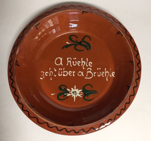 Redware Pottery Pie Plate Hand Painted German Brüehle Rüehle Vintage 10.5" - Picture 2 of 9