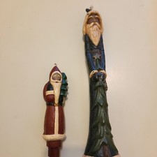 2 Santa Candles St. Nicolas Pencil & Santa Old World Primitive Both w Trees Vtg