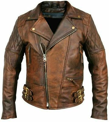 Men's Biker Classic Diamond Motorcycle Brown Distressed Vintage Leather Jacket