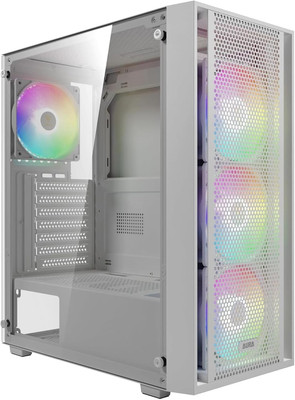 White ATX Mid Tower Gaming Computer PC Case Side Tempered Glass, Preinstalled 4X