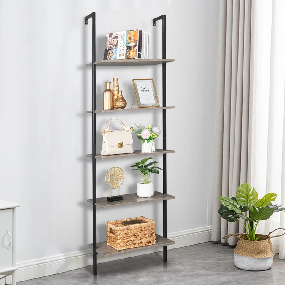 5 Tier Shelf Wood Ladder Open Bookcase Frame Industrial Modern Bookshelf Unit