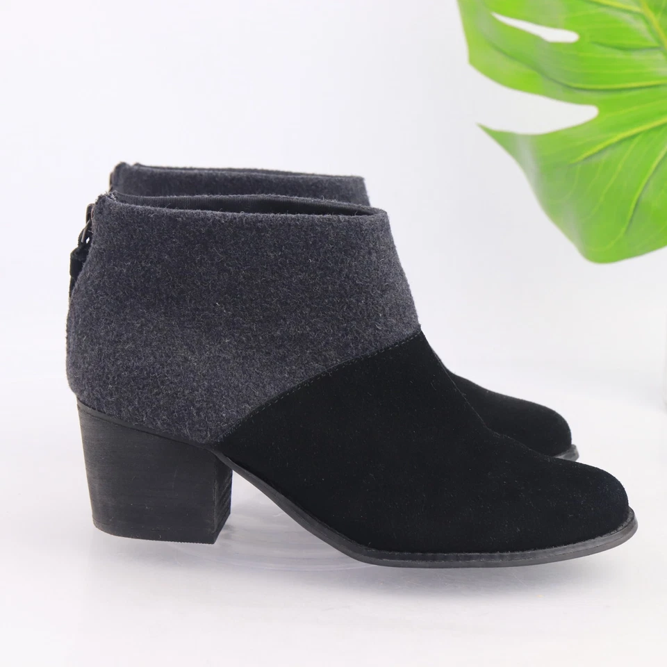 Toms Women's Lacy Boot Size 8 Block Heel Black Suede Gray Wool Bootie Comfy Boho - Imagem 4 de 4