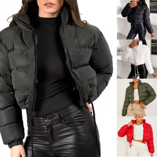 Womens Short Puffer Jacket Thick Padded Cropped Long Quilted Sleeve Zip Up coat- - Picture 1 of 21