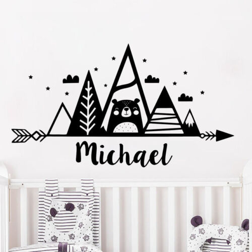Boys Name Personalized Wall Decal Mountains Woodland Theme Bear Wall Stickers - Foto 1 di 12
